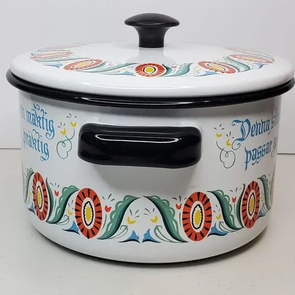 Berggren Vintage Swedish Folk Art Enamelware Pot with Lid - Picture 5 of 14